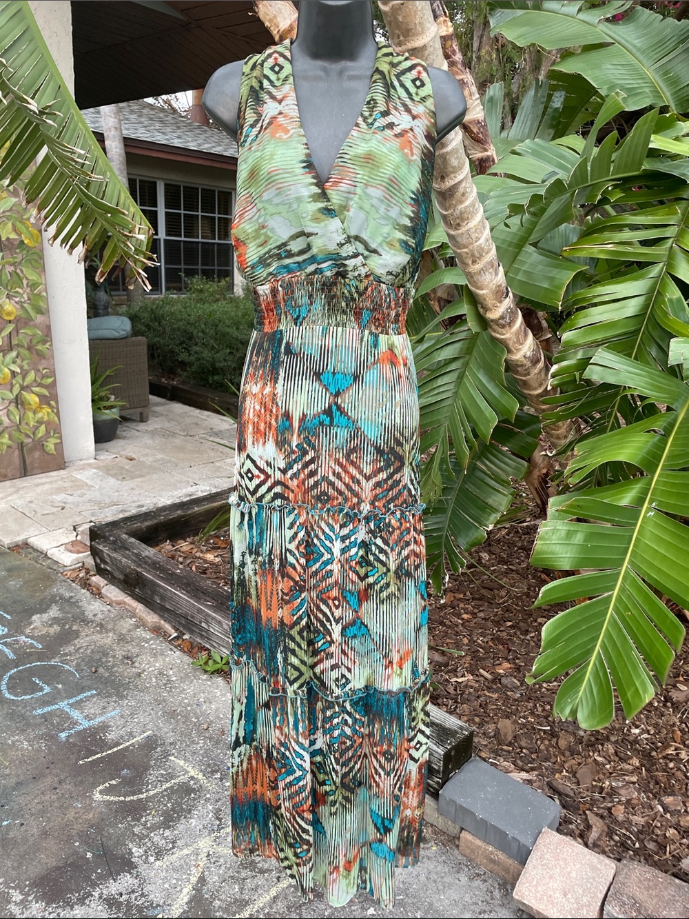 Teal and green Maxi Dress with tiered full skirt